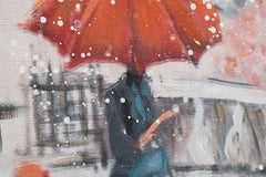 O vedere detaliată a picturii, evidențiind textura bogată a culorilor și compoziția cu o siluetă sub umbrelă roșie pe o stradă pariziană, Papilora.