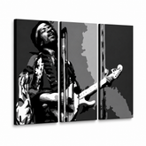 Tablou pictat manual POP Art Jimmy Hendrix 3 bucăți jh – Vizualizare 3D a tabloului pictat manual pe fundal alb. Culori dominante: negru, alb, gri.