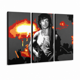 Tablou pictat manual POP Art Rambo 3 piese ram – Vizualizare 3D a tabloului pictat manual pe fundal alb. Culori dominante: negru, portocaliu, alb, roșu, gri.