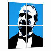 Tablou POP ART pictat manual a lui Marlon Brando 4 părți mb4 – Vizualizare 3D a tabloului pictat manual pe fundal alb. Culori dominante: albastru, negru, alb.
