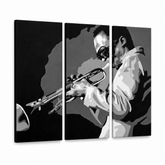Tablou POP ART pictat manual Miles Davis 3 piese md – Vizualizare 3D a tabloului pictat manual pe fundal alb. Culori dominante: negru, alb, gri.
