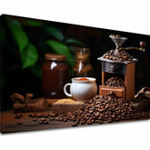 Modern tablou pe pânză cu motivul Chuť Slobody, ceașcă de cafea în maro-verde nuanțe, atmosferă confortabilă, potrivit pentru bucătărie | De cafea tablouri pentru bucătărie Chuť Slobody – principală