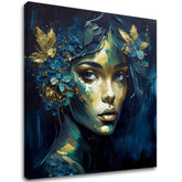 Art deco tablou pe pânză cu motivul Feminine Grace in Motion, flori, fluturi, accente aurii, natură în albastru-verde nuanțe, potrivit pentru birou de lucru – principală