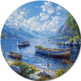 Pictat manual tablou pe pânză cu motivul Alpské Člny, lac, munți, cer, nori în albastru nuanțe, atmosferă liniștită, natură | Rotund tablouri s akrylom Alpské Člny – principală