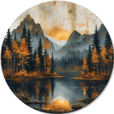 Pop art tablou pe pânză cu motivul Súmrak v tichom údolí, munți, pădure, lac, apus de soare în albastru-portocaliu nuanțe, atmosferă liniștită, potrivit pentru sufragerie – principală