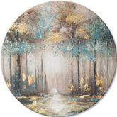 Pictat manual tablou pe pânză cu motivul Tajomstvá zlatého rána, copaci, pădure, potecă, ceață ușoară în bej-albastru nuanțe, atmosferă liniștită, potrivit pentru sufragerie – principală