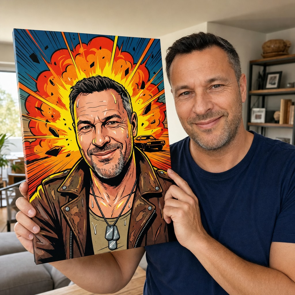 Bărbat care își ține tabloul pop-art din poză lângă față – asemănare fidelă ca erou de acțiune, Papilora
