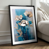 Modern tablou pe pânză în auriu-turcoaz nuanțe, atmosferă elegantă, natură și impresie de lux | Poster de perete s EXTRA efektom - Teal Flowers – produs