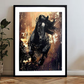 Modern tablou pe pânză cu motivul cal în negru-alb nuanțe, atmosferă dramatică, forță și natură | Poster de perete s EXTRA efektom - Valkyrie's Ride – produs