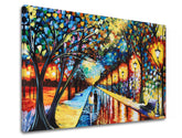 În stil boho tablou pe pânză cu motivul cuplu, copaci, potecă, bancă în parc, peisaj în albastru-portocaliu nuanțe, atmosferă romantică, potrivit pentru sufragerie – principală