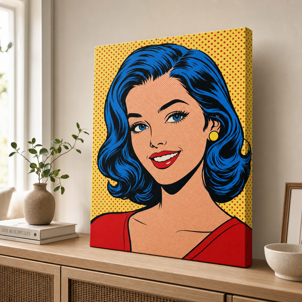 O pânză imprimată cu un portret pop art al unei femei zâmbitoare, cu un fundal vibrant roșu, galben și albastru, este prezentată pe un șasiu din lemn, Papilora.