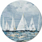 Pictat manual tablou pe pânză cu motivul ocean, cer, nori în alb-albastru nuanțe, atmosferă liniștită, libertate, potrivit pentru dormitor | Rotund pictat tablou Oddych pe mare – principală