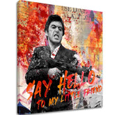 Pop art tablou pe pânză cu motivul Say hello to my little friend, peisaj în portocaliu-roșu nuanțe, lumea filmului | Scarface tablou pe pânză Say hello to my little friend – principală