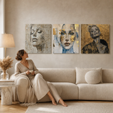 Set 3 tablouri Papilora Mystická žena – Zeița, Privirea, Încrederea de Sine – canvas gallery-wrap deasupra canapelei într-un living elegant