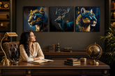 Set 3 tablouri Safari Gold Papilora – Jaguar, Cerb, Pumă – pânză gallery-wrap în birou de lux, decor modern.
