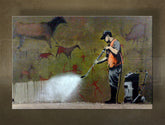 În stil boho tablou pe pânză cu motivul Street ART – Banksy, peisaj, mare și plajă în violet-albastru nuanțe, execuție multi-panou, potrivit pentru sufragerie – principală