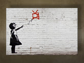 Clasic tablou pe pânză cu motivul Street ART – Banksy, balon, peisaj, mare și plajă în violet-albastru nuanțe, atmosferă melancolică, execuție multi-panou – principală
