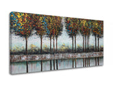 În stil boho tablou pe pânză cu motivul copaci, gard, reflexie pe apă, cer, peisaj în multicolor nuanțe, atmosferă liniștită, potrivit pentru hol – produs