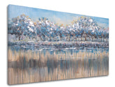 Modern tablou pe pânză cu motivul copaci, pădure, cer, natură în alb-bej nuanțe, atmosferă liniștită, natură și contemplare, potrivit pentru dormitor – produs