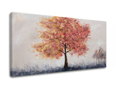 În stil boho tablou pe pânză cu motivul copac, cer, ceață ușoară, peisaj, natură în alb-roz nuanțe, atmosferă liniștită, singurătate și natură – produs
