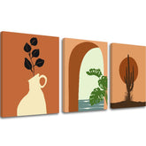 Modern tablou pe pânză cu motivul Toskánske okno, vază, frunze în crem-maro nuanțe, atmosferă liniștită, natură | Tablou pe pânză – Toskánske okno – principală