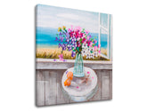 Modern tablou pe pânză cu motivul FLORI VO VAZE, flori, vază, okno, ocean în multicolor nuanțe, atmosferă liniștită, viață la mare și natură – produs
