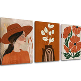 Modern tablou pe pânză cu motivul Grădină ticha, vază, frunze, flori în maro-verde nuanțe, atmosferă liniștită, natură | Tablou pe pânză – Grădină ticha – principală