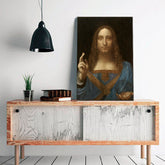 Vintage tablou pe pânză cu motivul Leonardo da Vinci - Salvator Mundi, hartă, natură în albastru-auriu nuanțe, atmosferă festivă, potrivit pentru sufragerie – produs, vedere 2
