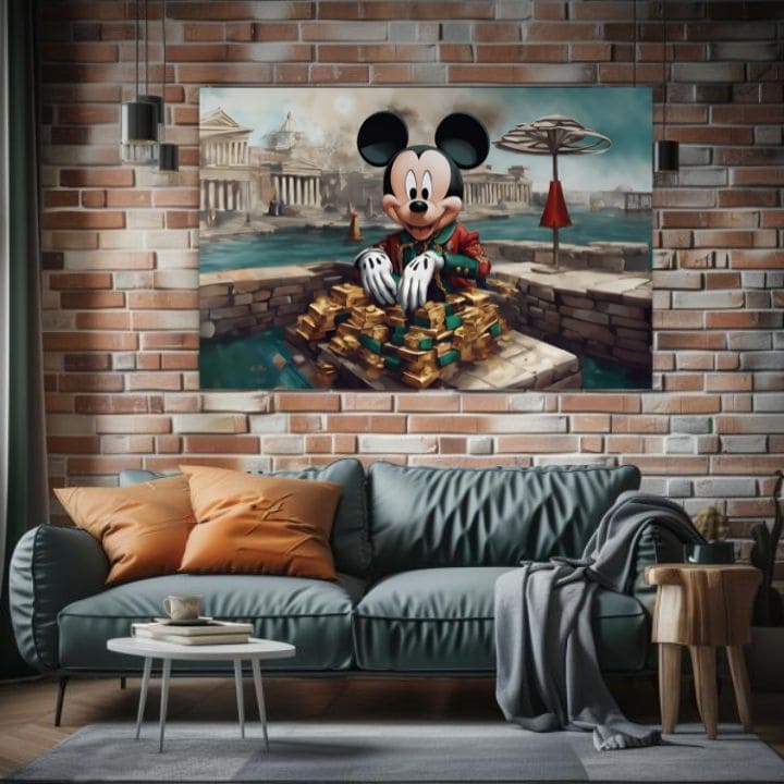 Tabloul cu Mickey Mouse și lingouri de aur, în culori vibrante, este agățat într-un interior modern, deasupra unei console din lemn cu o vază și o lumânare, Papilora.