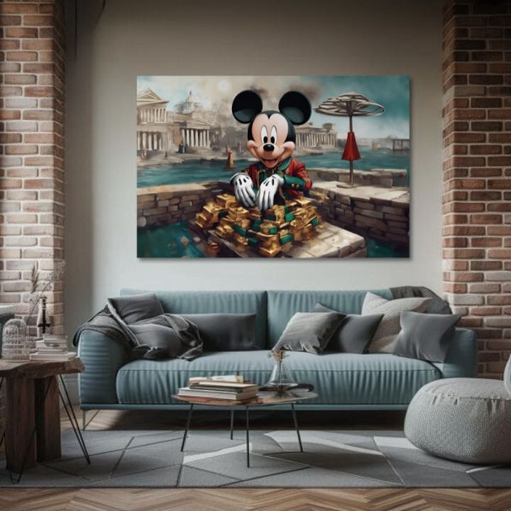 Tabloul cu Mickey Mouse și lingouri de aur, în culori vibrante, este agățat într-un interior modern, deasupra unei console din lemn cu o vază și o lumânare, Papilora.