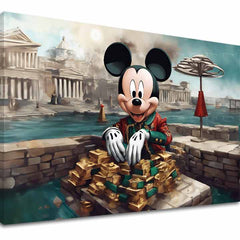 O pânză imprimată cu Mickey Mouse în costum roșu și verde, stând în spatele unui teanc de lingouri de aur, cu un fundal de clădiri antice și apă turcoaz, Papilora.