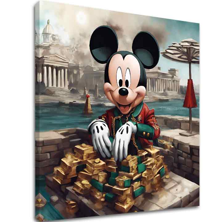 O pânză imprimată cu Mickey Mouse în costum roșu și verde, stând în fața unui teanc de lingouri de aur, cu un fundal de clădiri clasice și apă, Papilora.