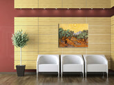 Vintage tablou pe pânză cu motivul OLIVOVNÍKY – Vincent van Gogh, soare, munți, câmp, hartă în maro-verde nuanțe agățat în interiorul birou – interior
