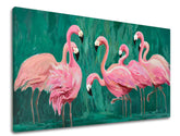 Pop art tablou pe pânză cu motivul PLAMENIAKY, păsări în roz-verde nuanțe, atmosferă jucăușă, paradis tropical și natură, potrivit pentru sufragerie – produs