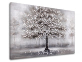 Modern tablou pe pânză cu motivul STROM, pădure, ceață ușoară, flori, natură în alb-gri nuanțe, atmosferă liniștită, natură și singurătate, potrivit pentru hol – produs