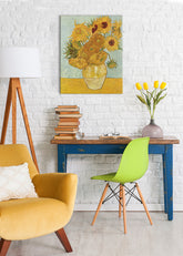 Vintage tablou pe pânză cu motivul Vincent van Gogh - Váza s dvanástimi slnečnicami, vază, flori în albastru-galben nuanțe, atmosferă vibrantă, potrivit pentru sufragerie – principală