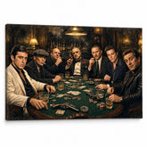 Tablou cu 7 mafioți la masa de poker, stil cinematografic dramatic pe canvas premium, ideal pentru decor interior masculin de la Papilora