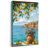 Tablou cu vedere la coasta mediteraneană cu lămâi pe pânză – cu detalii pictate manual – vizualizare a tabloului pe pânză cu ramă din lemn, Papilora.