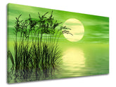În stil boho tablou pe pânză cu motivul soare, peisaj, natură în verde-galben nuanțe, atmosferă liniștită, natură și contemplare, potrivit pentru sufragerie – principală