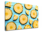 Pop art tablou pe pânză cu motivul ANANÁS în turcoaz-galben nuanțe, atmosferă veselă, paradis tropical, potrivit pentru bucătărie | Tablou de perete ANANÁS_064-11 – produs