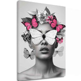Modern tablou pe pânză cu motivul Butterfly Vision, fluturi, flori în alb-negru nuanțe, atmosferă eterică, frumusețe și vise | Tablou Butterfly Vision – principală
