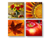 Colaj tablou pe pânză cu motivul The smell of Autumn, trandafiri, slnečnica, flori, natură în portocaliu-roșu nuanțe, atmosferă caldă, execuție multi-panou – principală