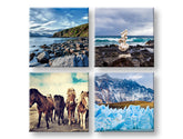 În stil boho tablou pe pânză cu motivul Walking through the Iceland, cai, munți, peisaj, mare și plajă în albastru-verde nuanțe, execuție multi-panou – principală