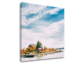 Clasic tablou pe pânză cu motivul KRAJINA, copaci în albastru-portocaliu nuanțe, atmosferă liniștită, singurătate | Tablou de perete KRAJINA_061-12 – produs