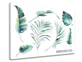 Modern tablou pe pânză cu motivul natură în alb-albastru nuanțe, atmosferă proaspătă, natură și paradis tropical, potrivit pentru birou | Tablou de perete s textom Watercolor exotic plants – produs