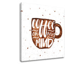 Modern tablou pe pânză cu motivul ceașcă de cafea, motiv pentru copii în alb-maro nuanțe, atmosferă confortabilă | Tablou de perete s textom Coffee on my mind – produs