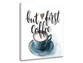 Modern tablou pe pânză cu motivul ceașcă de cafea în alb-maro nuanțe, atmosferă confortabilă | Tablou de perete s textom But first coffee – produs