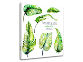 Modern tablou pe pânză cu motivul natură în alb-verde nuanțe, atmosferă proaspătă, natură și paradis tropical, potrivit pentru sufragerie | Tablou de perete s textom Palm tropical leaves – produs