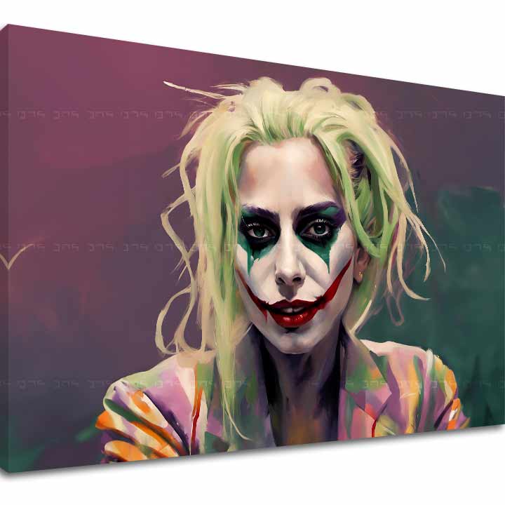 O pânză imprimată cu un portret al unei femei cu machiaj de Joker, având părul verde deschis și un sacou colorat, pe un fundal mov, Papilora.