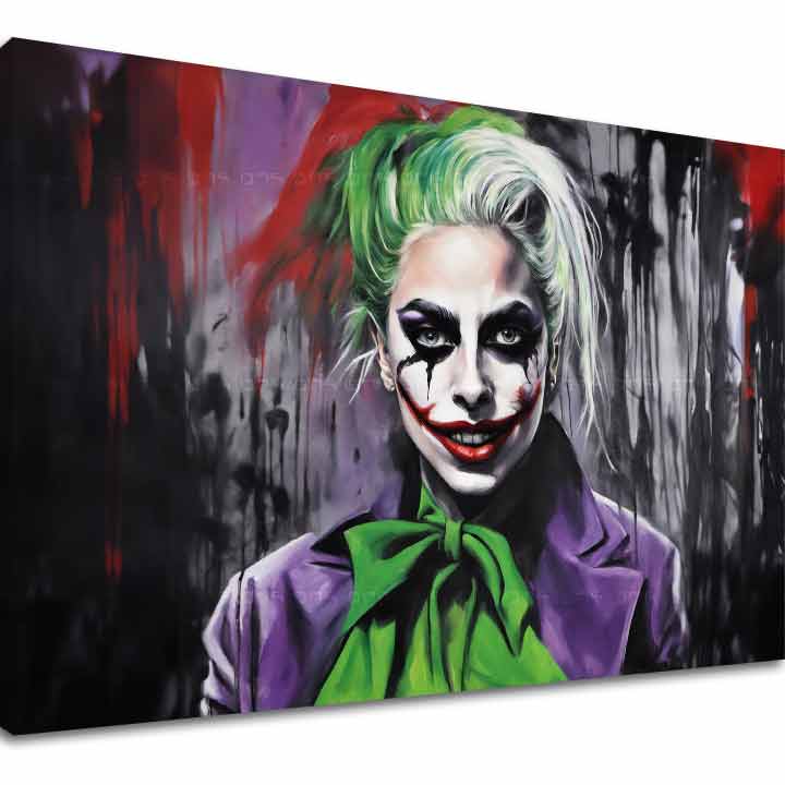 O pânză imprimată cu portretul lui Joker, având părul verde și un costum mov, pe un fundal abstract roșu și negru, Papilora.